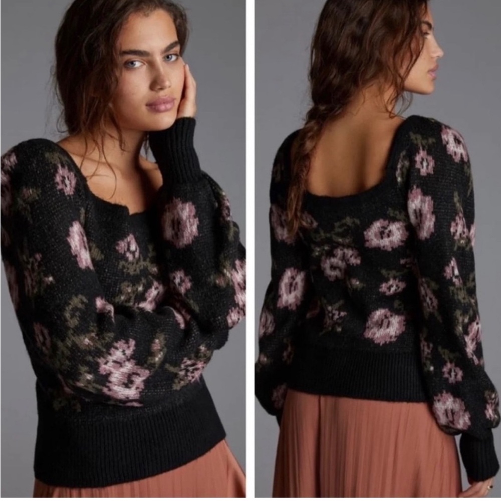 Anthropologie Square neck, floral puff sleeve sweater in black and pink, Size S